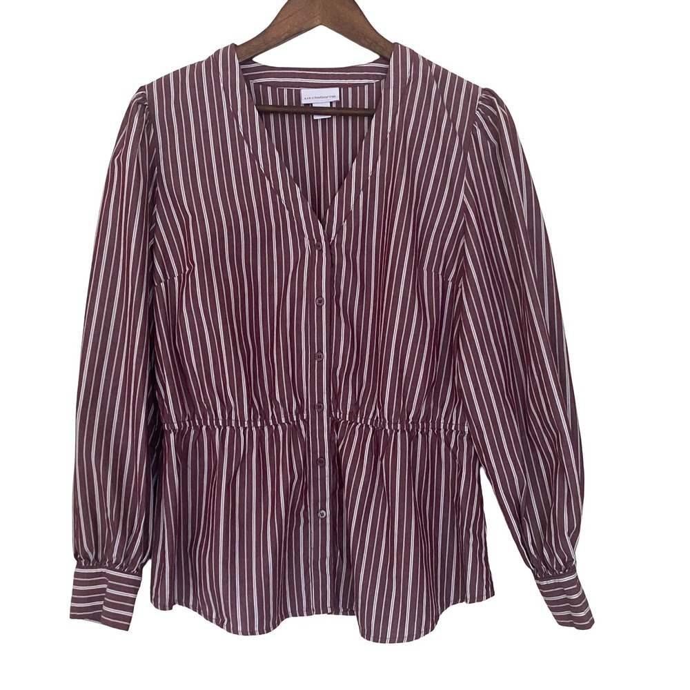 Liz Claiborne Womens Burgundy Striped Cotton Peplum Blouse V-Neck Long Sleeve L